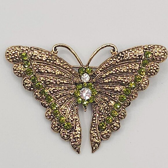 VTG Brooch Fairycore Spring Beautiful Gold tone Sparkling Green White Rhinestone - Picture 1 of 12